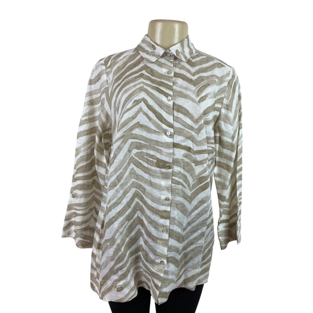 iLinen  Zebra Print Button-Up Shirt Natural Ivory Linen Womens Sz M - New